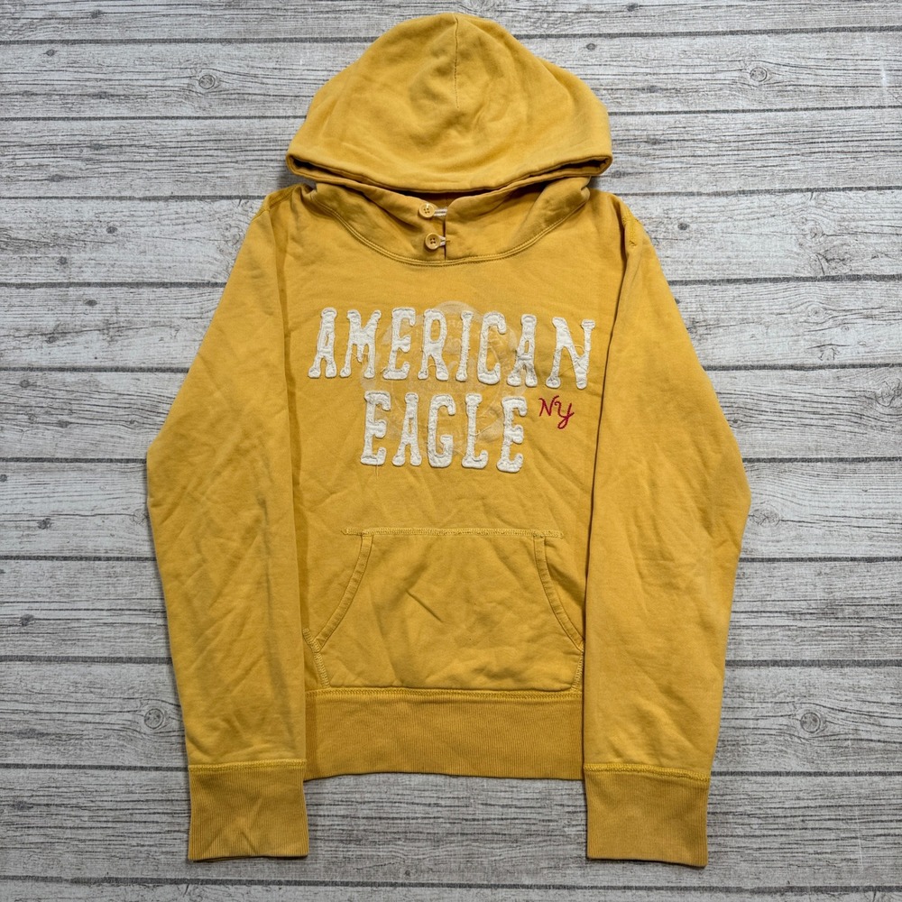 American Eagle Hoodie Women's L Yellow Fleece Lined Pullover Sweatshirt Lounge